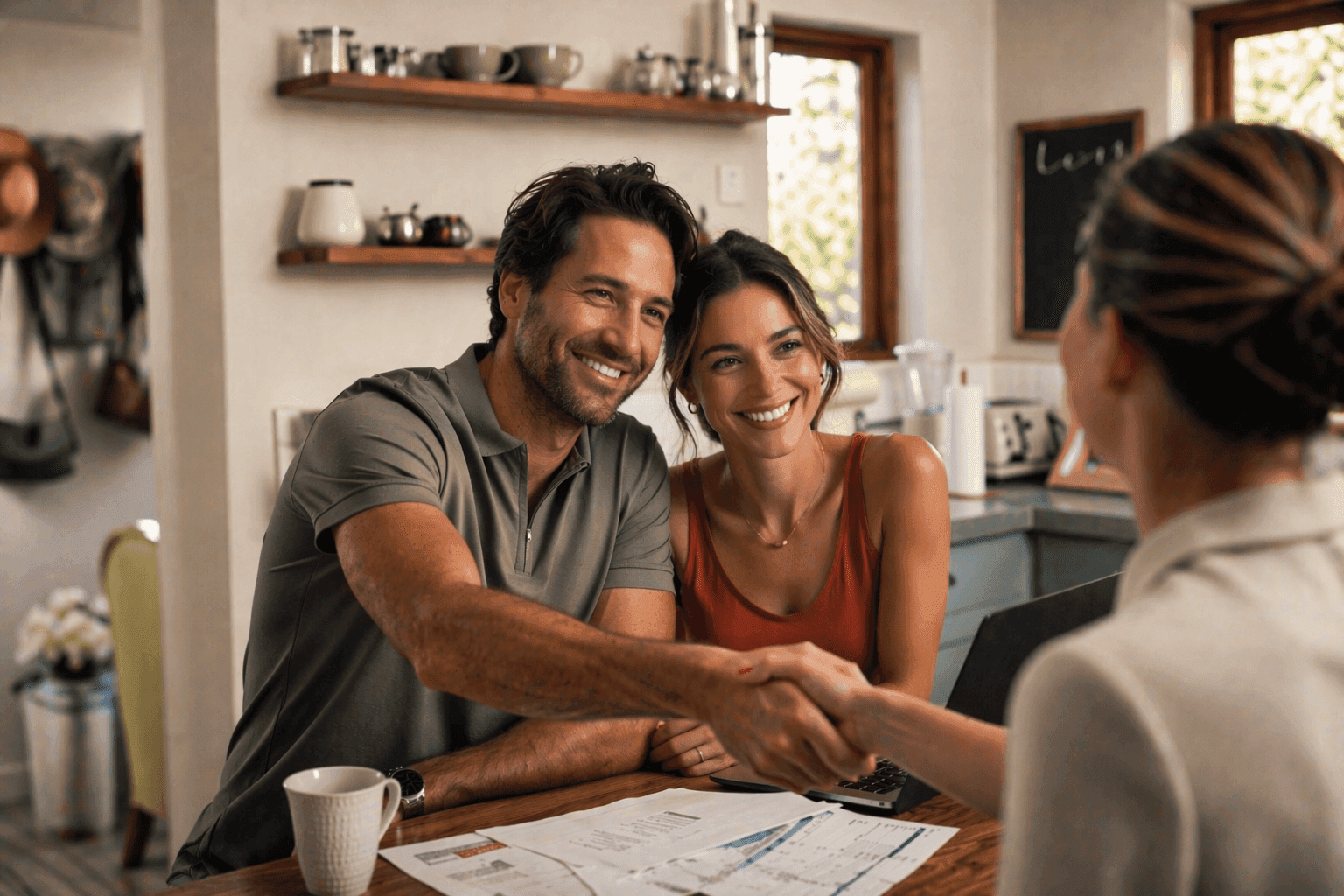 Couple de propriétaires signant avec un agent immobilier engagé