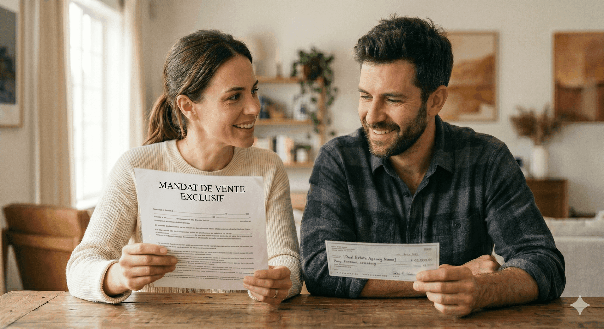 Couple tenant un mandat de vente exclusif et un chèque